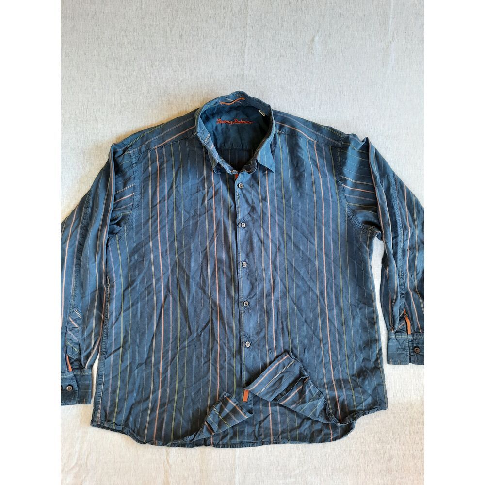 Tommy Bahama Men XL Stripe Button Shirt Long Sleeve Navy Blue Pure Silk
